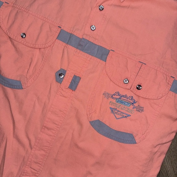VTG 80’s/90’s Bugle Boy • Salmon Long Sleeve Spell Out Button Down - Picture 7 of 8